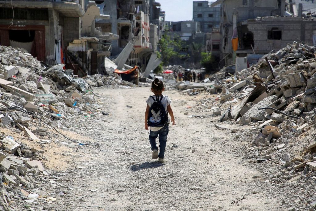 Palestinian girl school bag destruction Gaza 